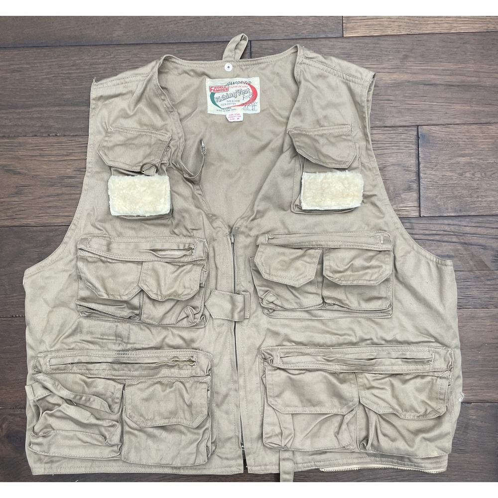 Vintage World Famous Fishing Cargo‎ Vest Mens Size M Sanforized De Luxe Cotton